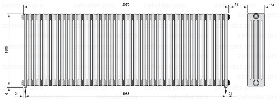 Схема (чертеж) Радиатор Zehnder Charleston 5180/45 №3570 Белый глянцевый RAL 9016